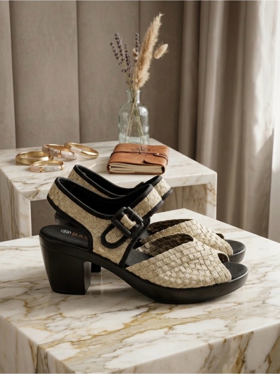 bernie mev. Shoes - Bernie Mev Woven Slingback Heels in Natural Black Trim